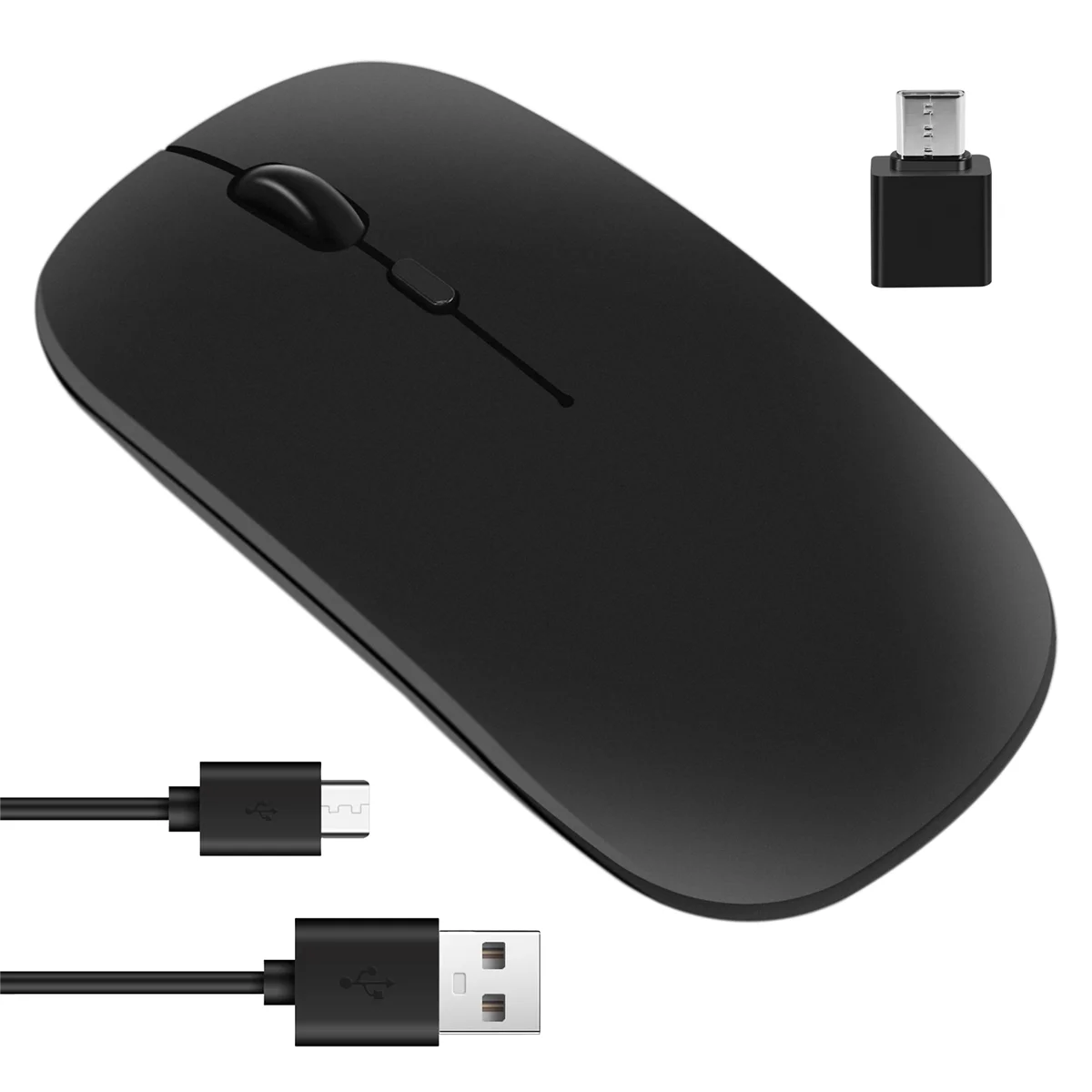 Mouse nirkabel dapat diisi ulang, Mouse optik Ultra senyap 2.4G dengan USB dan penerima tipe-c, untuk Laptop, (hitam)