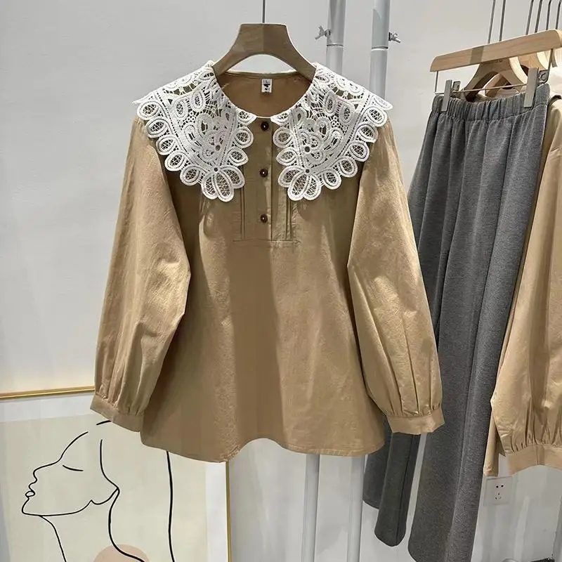 

Loose Fit Long Sve Lace Patchwork Doll Collar irt for Men And Women Spring Autumn Vintage Versatile Top Large Size