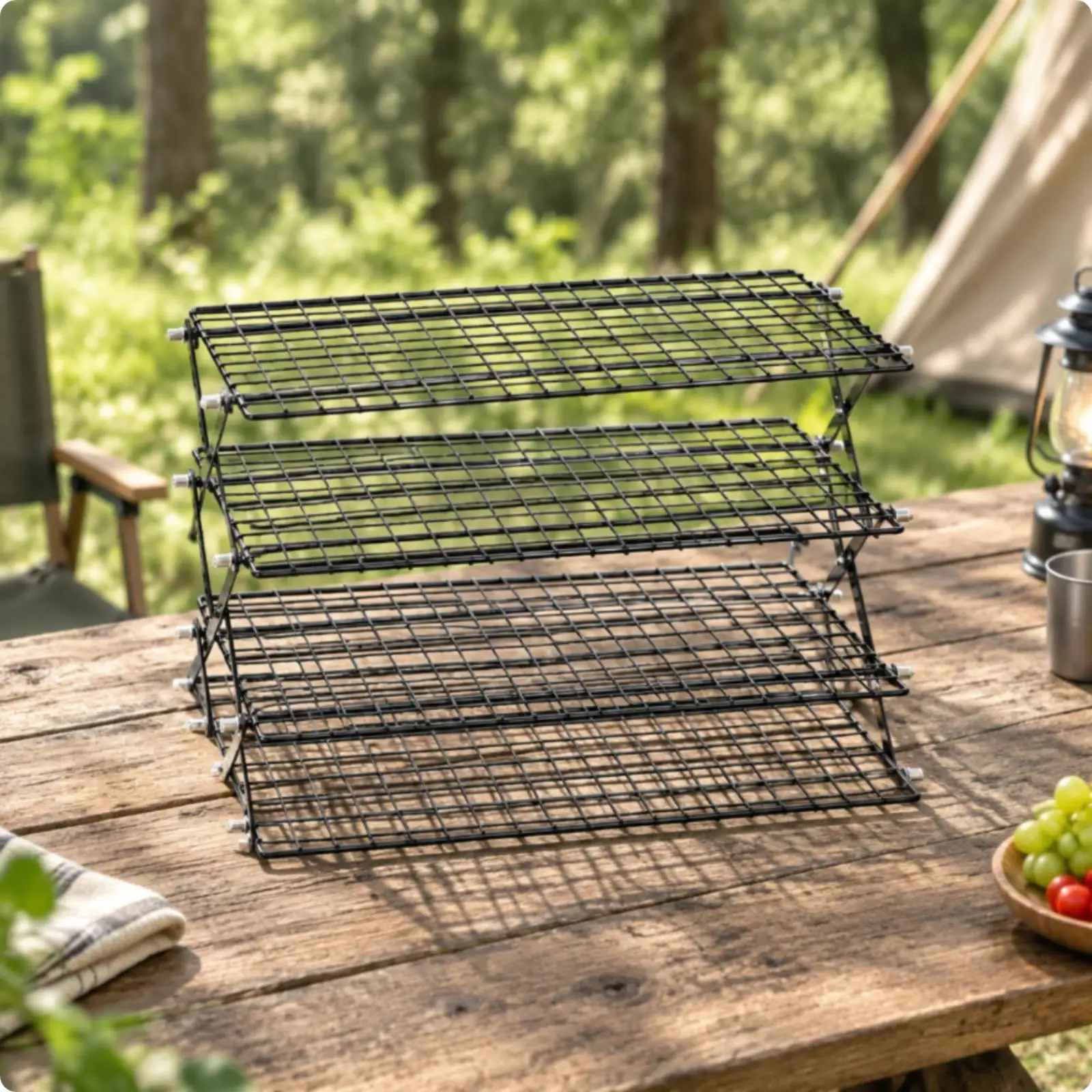Portable Outdoor Cooling Rack Carbon Steel Folding Tiered Grid for Baked Goods Cookware Storage and Spice Rack Organizer