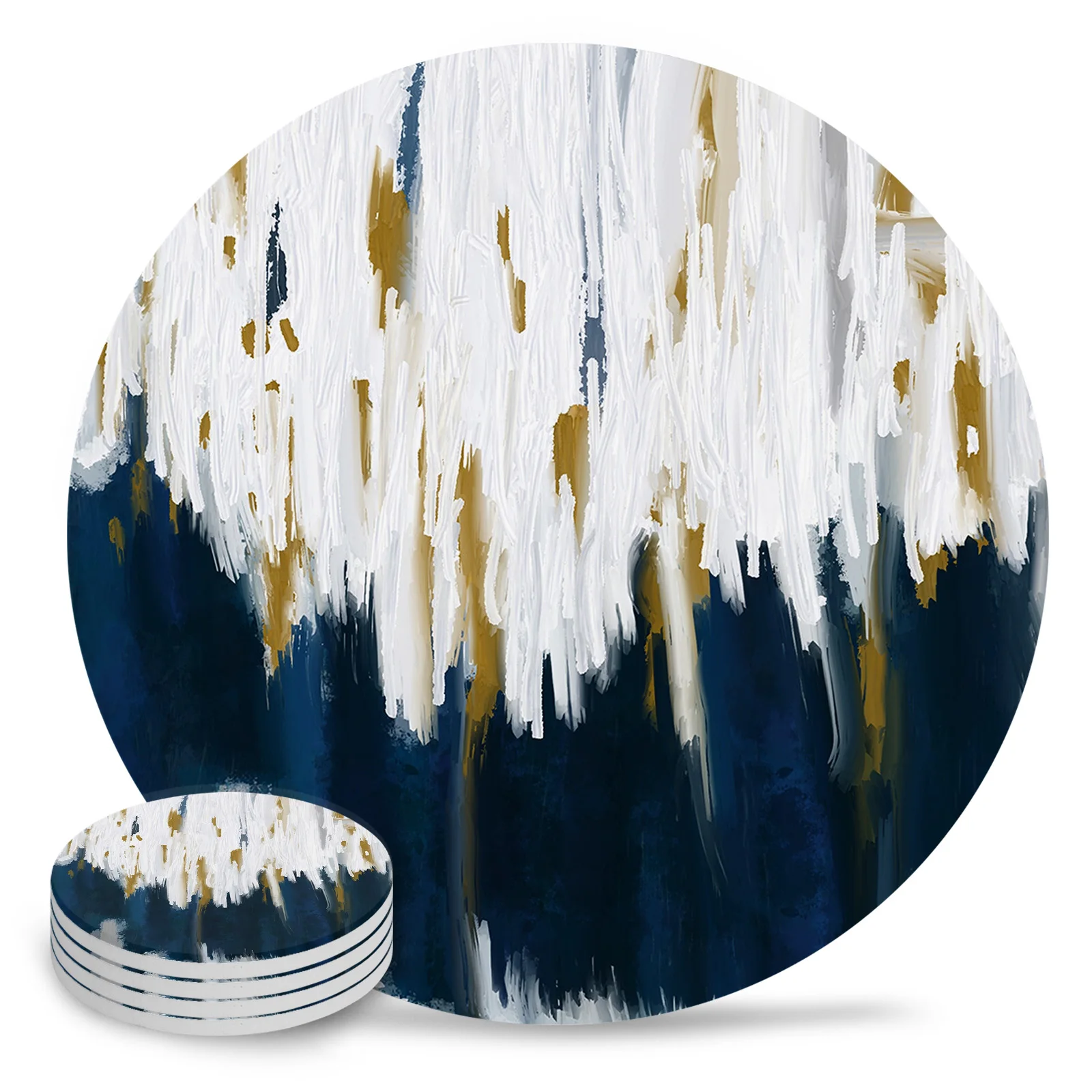 Blue Oil Painting Abstract Texture Coasters Ceramic Set Round Absorbent Drink Coaster Coffee Tea Cup Placemats Table Mat