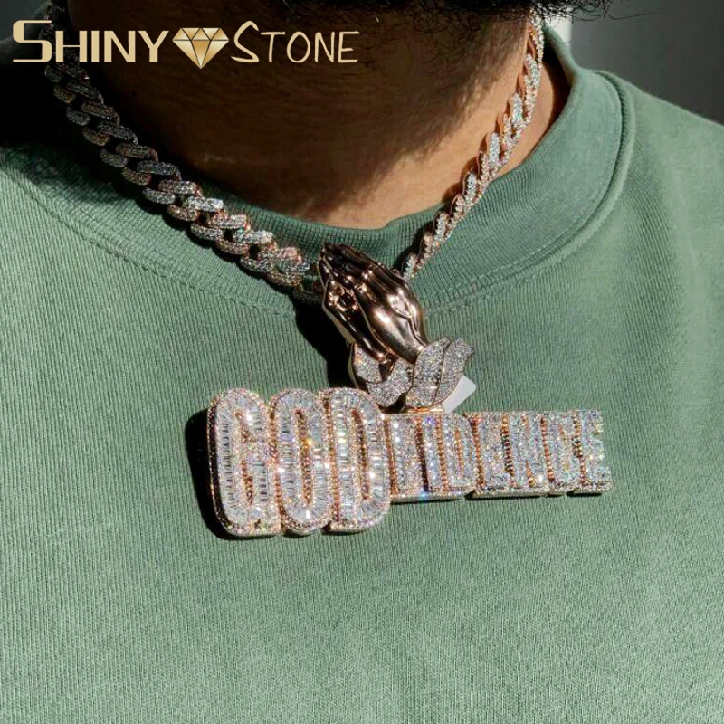 

Iced Out Bling Letters GOD FIDENCE Pendant Necklace God Fidence Praying Hands Pave 5A Cubic Zircon Men's Women Hip Hop Jewelry