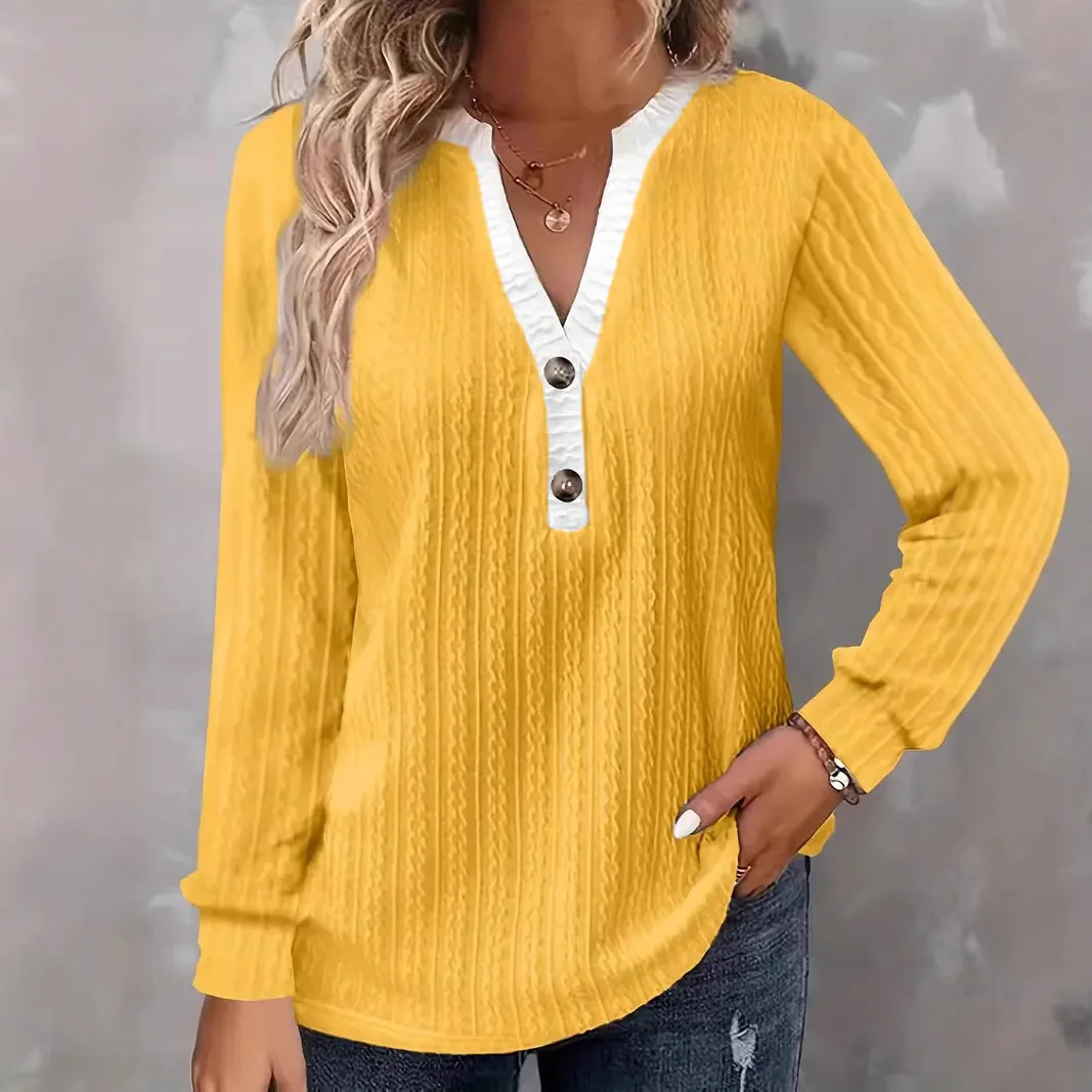 

Fashionable Long Sleeve V-Neck Button up Pure Color T-Shirt Early Autumn Women's Wear New Style Cross-Border Online Store