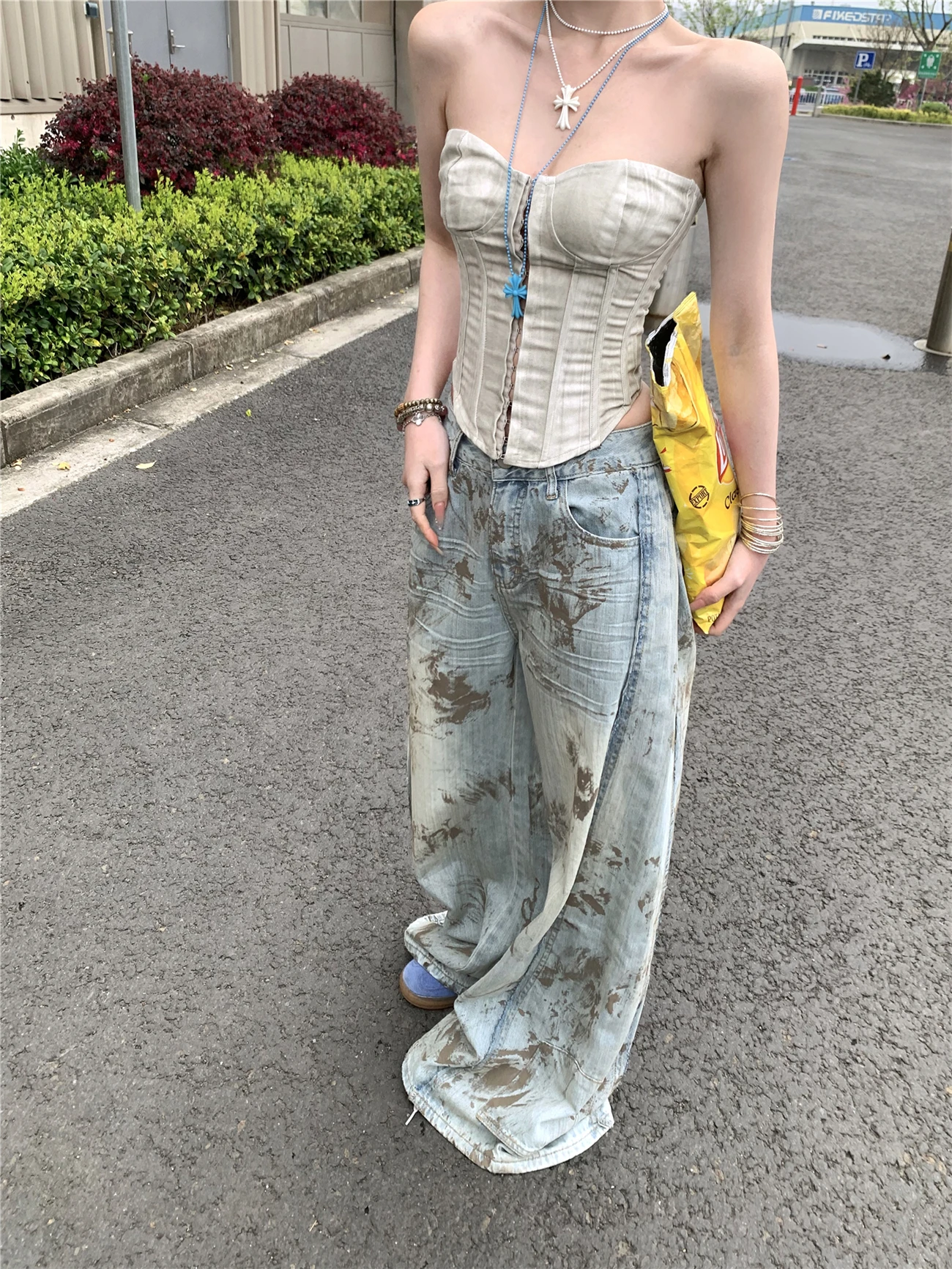 

Винтажные американские джинсы Waed Spicy Girl, свободные широкие брюки с низкой талией и застежкой на пуговицы, повседневные летние джинсы для женщин