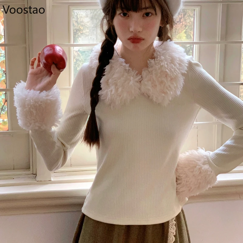 Autumn Winter Sweet Lolita Style Plush Patchwork Slim Blouse Women Korean Fashion Long Sleeve Shirts Girls Harajuku Y2k Tee Tops