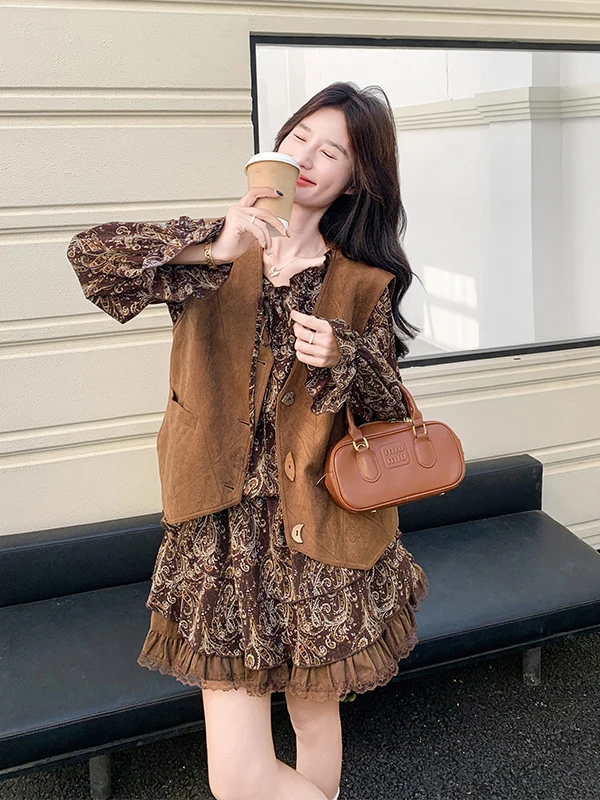 

Новый женский комплект из двух предметов с цветочным принтом в стиле ретро, весна-осень 2025, французский стиль, свободный крой, повседневный, с V-образным вырезом, длинный рукав