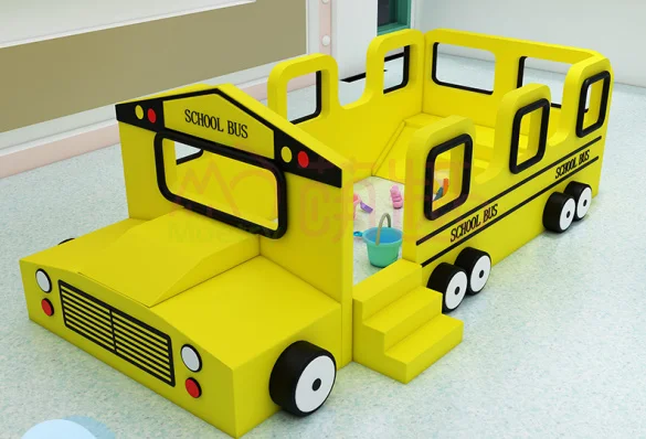 Moetry Indoor School Bus Soft Playground with Small Slide Amusement Park Rides for Kids
