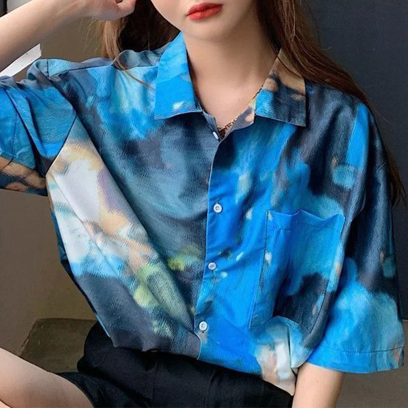 Summer Chic Thin Style Patchwork Pockets Shirt Retro Harbor Style Turn-down Collar Loose Tie Dye Single Breasted Women's Blouse