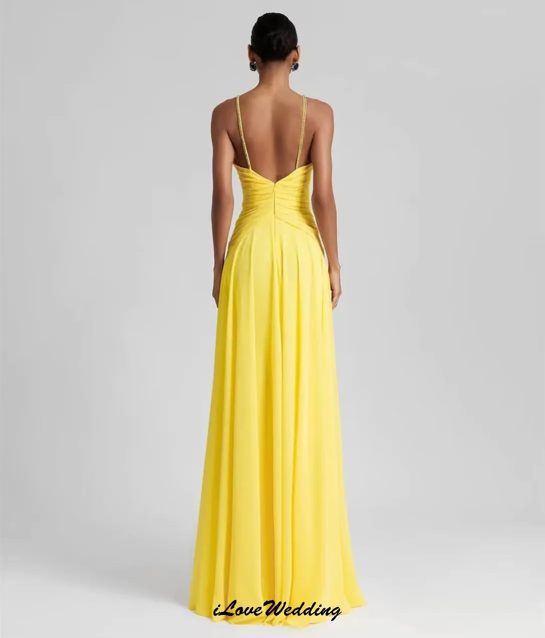 Citroengeel Chiffon Galajurken 2025, Elegante Bruiloft Vrouw Feestjurk Ruches O-hals Formeel Mouwloos Vloerlengte Op maat