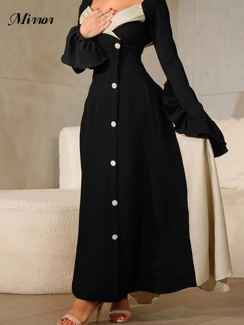 Mirror Dress Elegant Vintage Sexy Black Backless Button Ruffle A-Line Customize Formal Occasion Prom Dress Evening Party Gowns