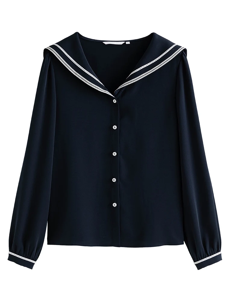 DUSHU Sailor Collar Women Navy Blue Long Sleeve Straight Blouses 2023 Spring Single Breasted Casual Women Tops Chiffon Blouse