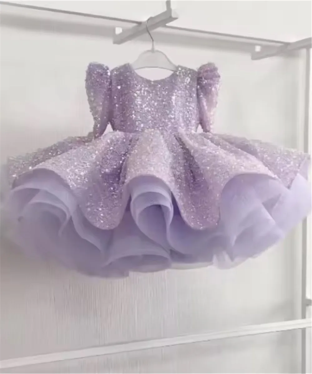 فستان زفاف فتاة الزهور سباركلي مخصص مطرز بأكمام طويلة فستان الأميرة لحفلات أعياد الميلاد والحفلات الراقصة للأطفال فستان التواصل المقدس