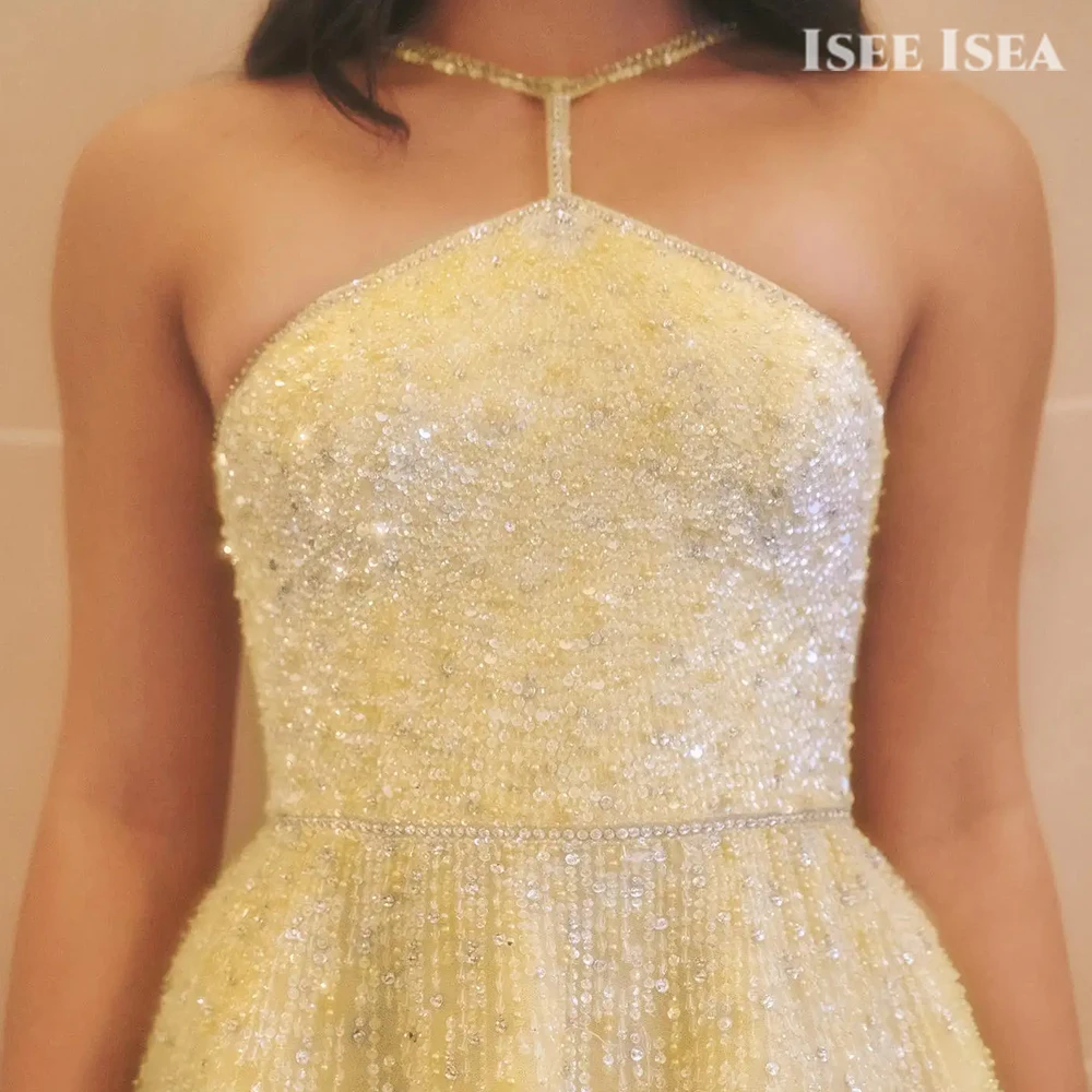 노란색 반짝이 이브닝 드레스 Strapless Crystals Gala 가운 사우디 아라비아 홀터 두바이 반짝 이는 공식 행사 드레스 맞춤형