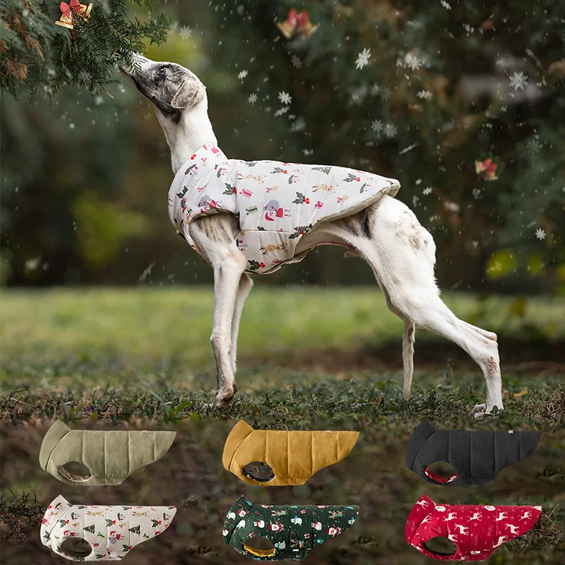 

Christmas Dog Jacket Party Printing Reversible Winter Dog Coat for Small Dogs Soft Padded Warm Dog Clothes with Hole for Leash