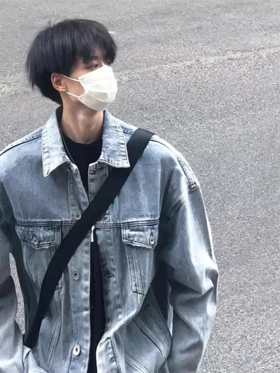 

American Retro Blue Denim Jaet Men's Loose Design Top High Street Cool Collar irt Jaet for Teenagers in Spring And Autumn