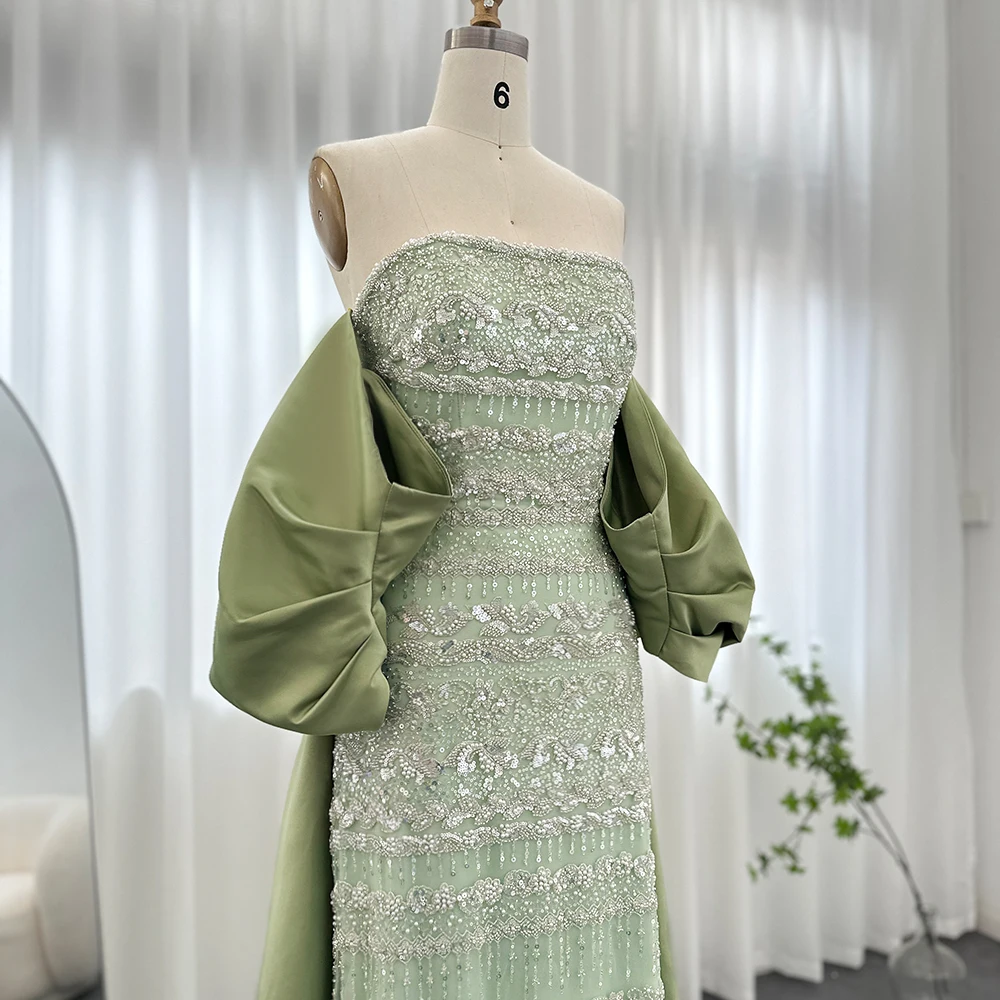 Sharon Said Luxuriöses Salbeigrünes Abendkleid Fliederblau Perlenbesetzt Fuchsia mit Cape für Damen Hochzeitsfeierkleid SS238 Maßanfertigung – Detail 7