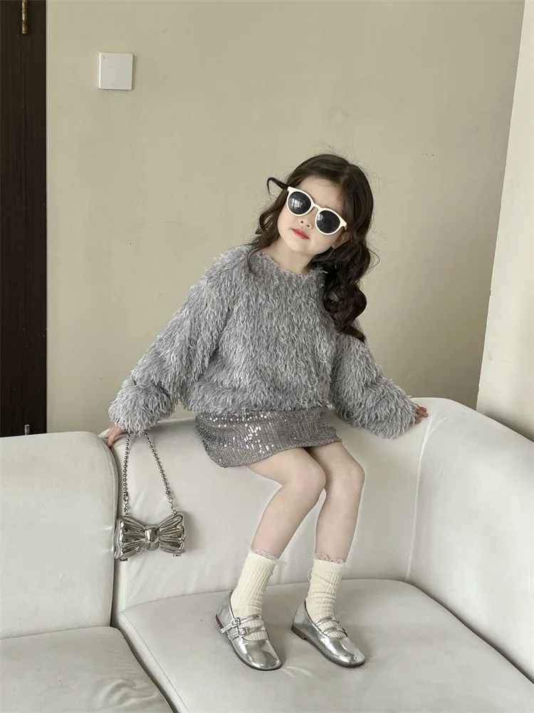 Children\'s trendy top2024Spring and Autumn New Children\'s Clothing Children Toddler Baby Feather Long Sleeve Top Sequin Skirt