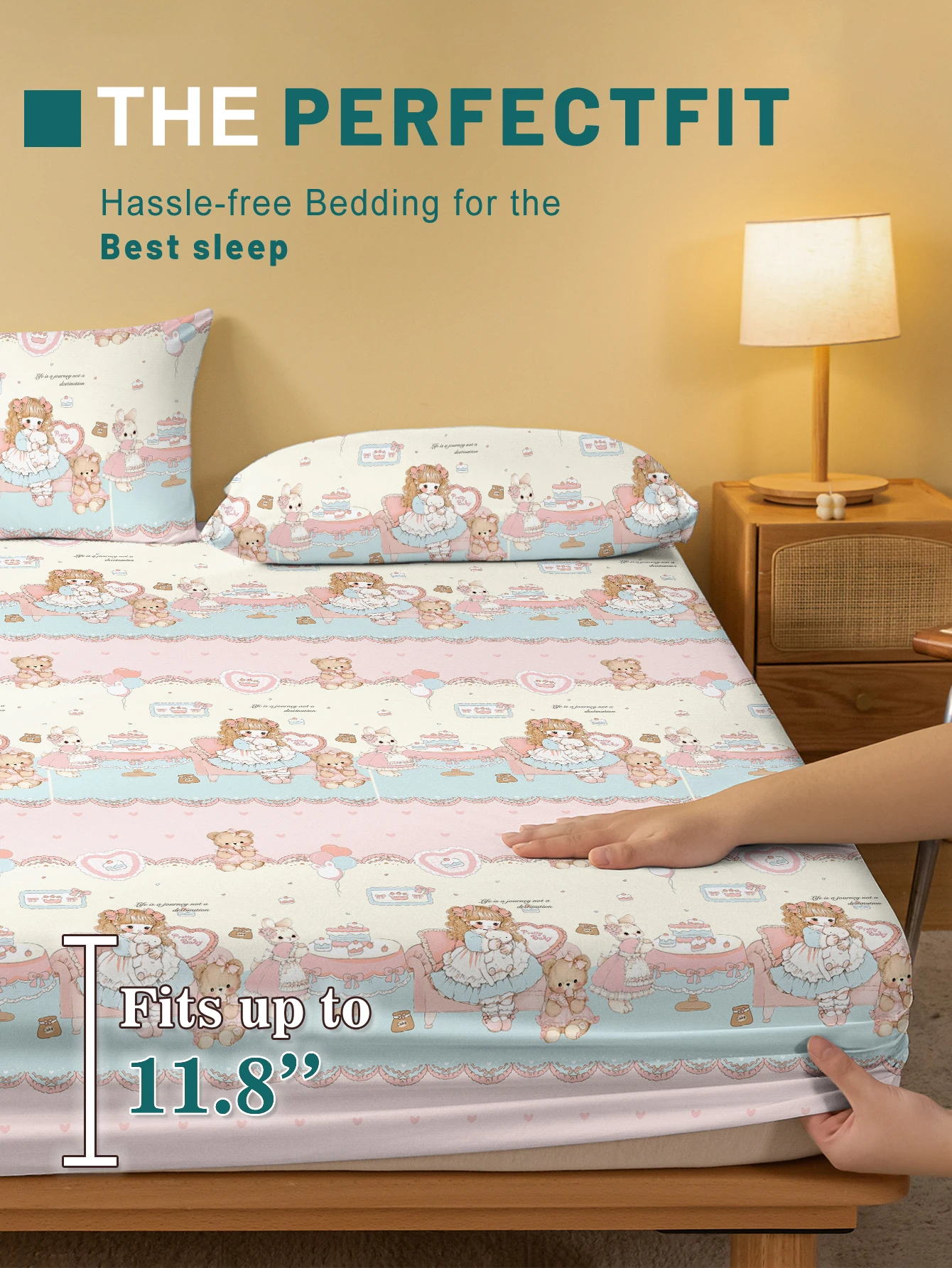 1 ورقة جاهزة غير لامعة مطبوعة على شكل دب صغير ودمية كرتونية لطيفة، غطاء سرير مطبوع لغرفة النوم، سرير (باستثناء أكياس الوسائد)