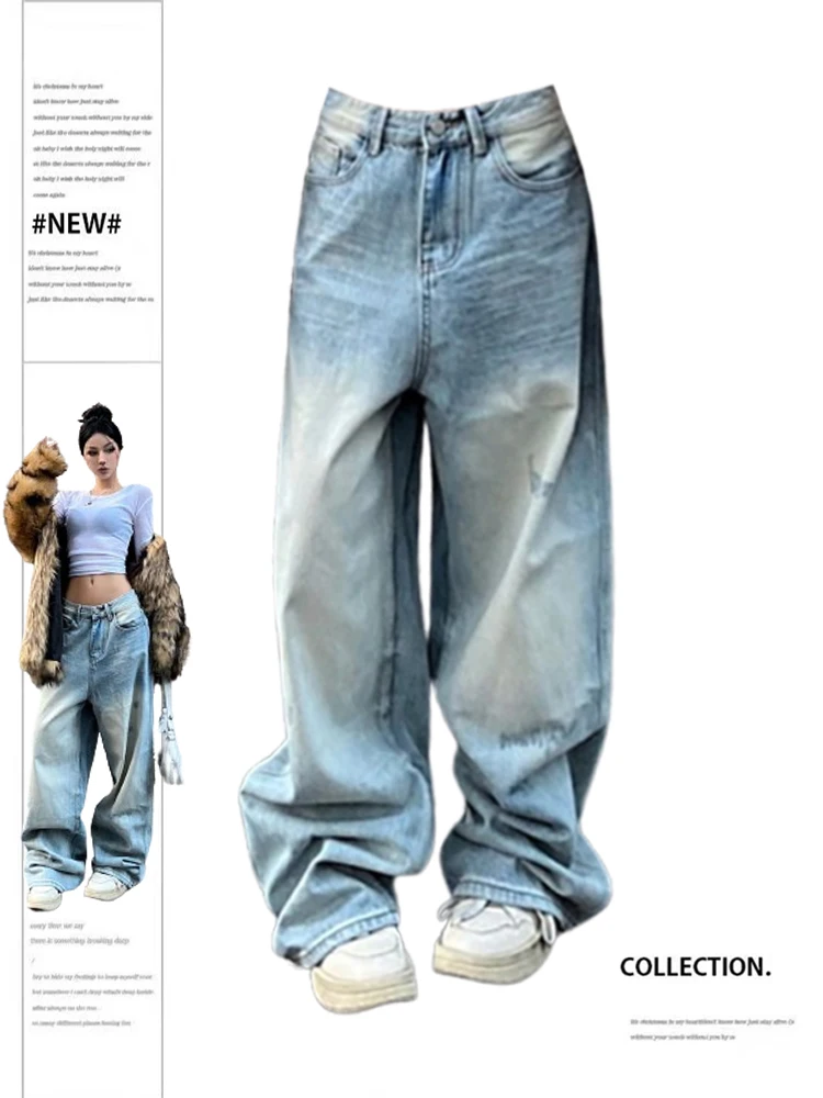 Women Blue Jeans Y2k Vintage High Waist Baggy Cowboy Pants Aesthetic Harajuku Denim Trousers 90s Trashy Emo 2000s Grunge Clothes