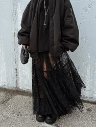 2024 Summer Autumn Women Sexy Lace Skirts Solid High Waist Flare Long Maxi Skirt For Women