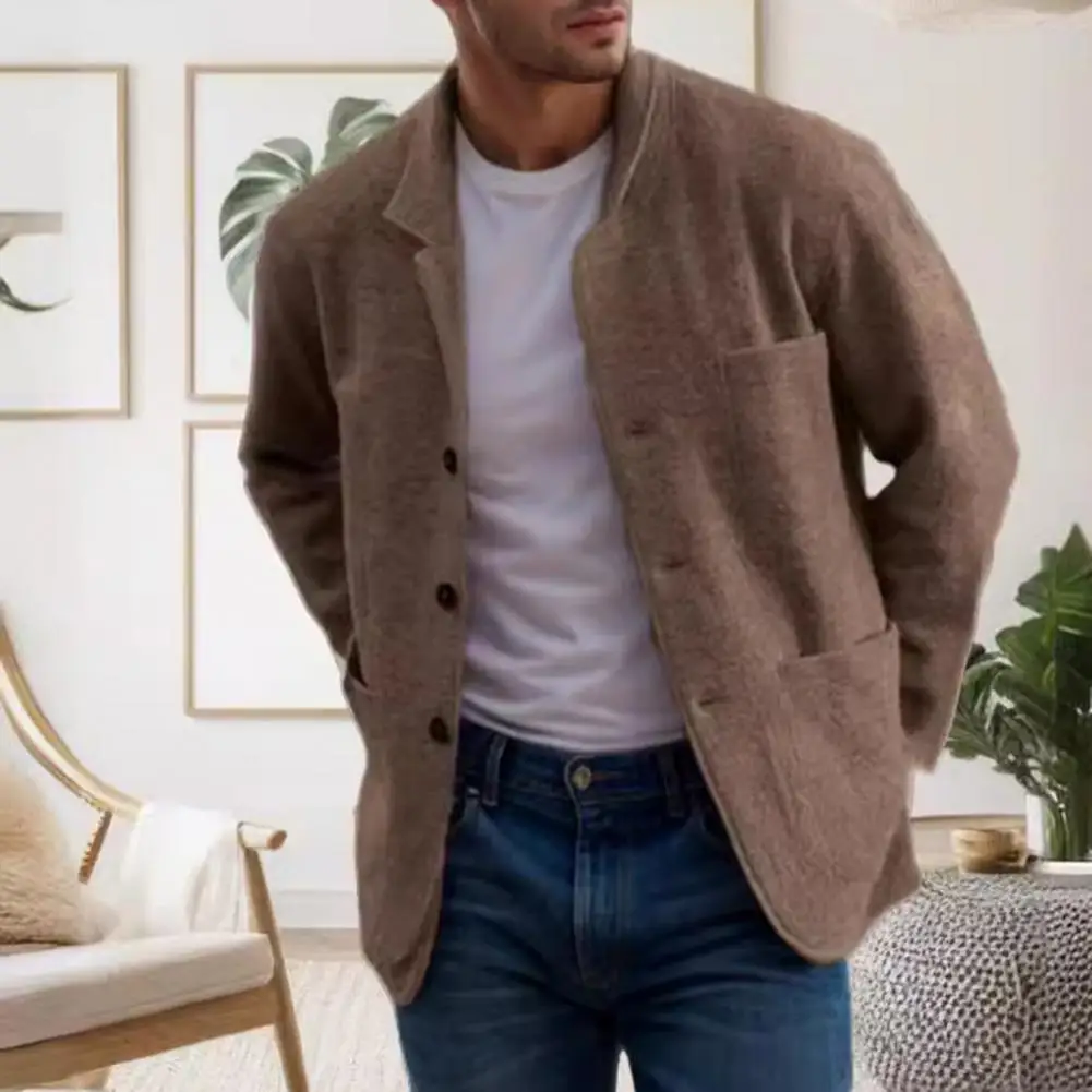メンズ長袖シングルブレストウールジャケット,ポケット付き,ラペルコート,単色,ゆったりとしたフィット感,カジュアルなアウター