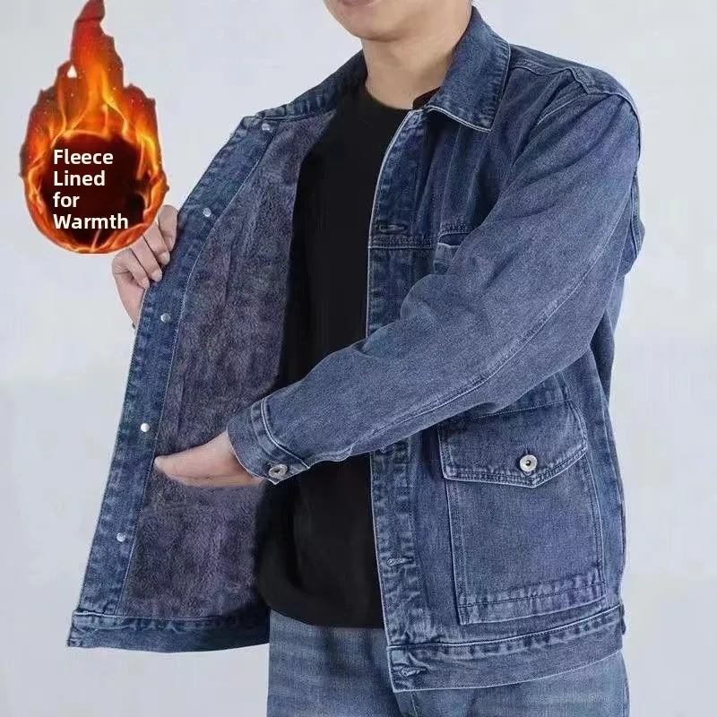 

Thiened Fce Lined Men's Denim Jaet Warm Workwear Multi-ket Heavy Du Welding Protective Clothing Casual Outerwear