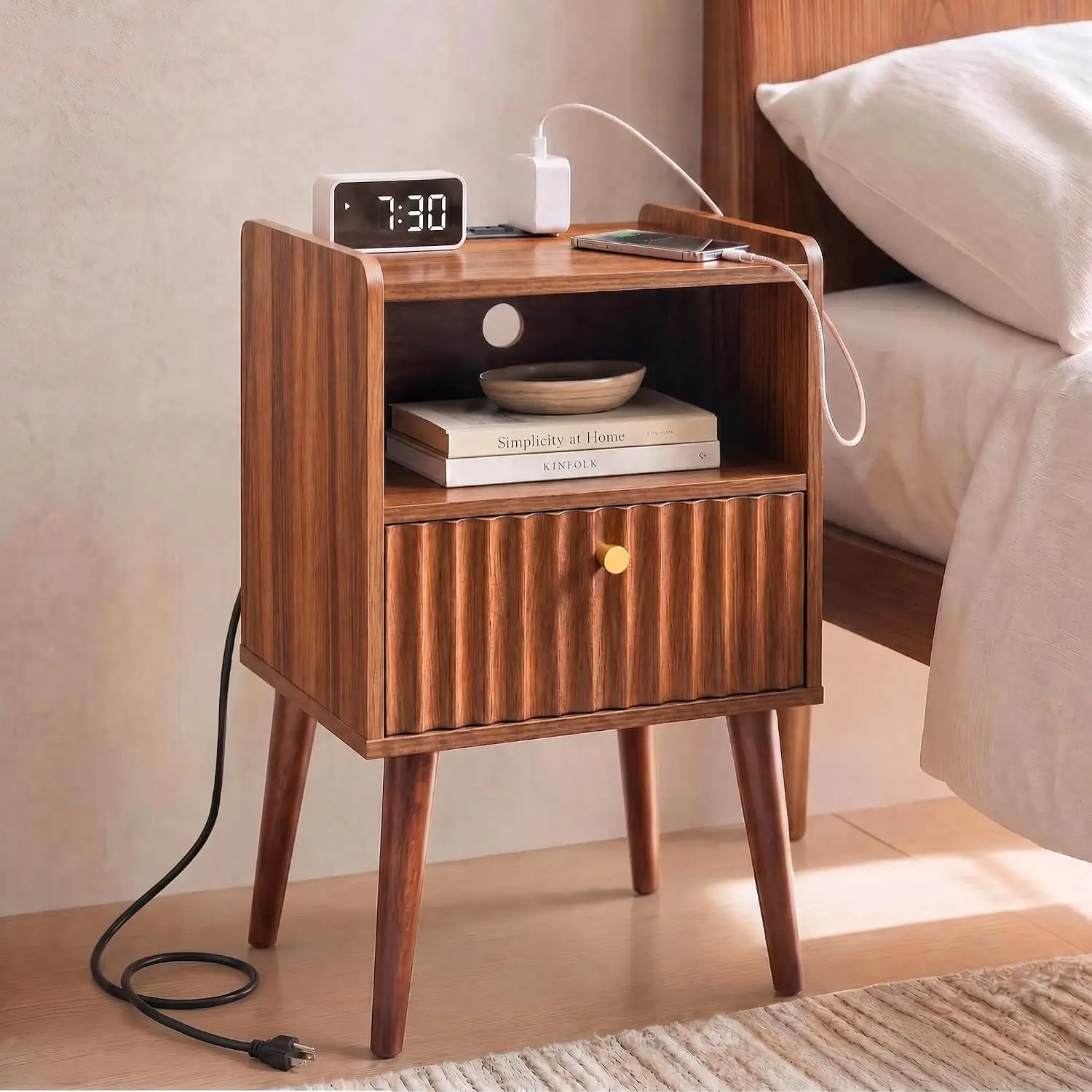 Nightstand Featuring a Charging Station, Walnut, 15.7 Inches Deep x 11.8 Inches Wide