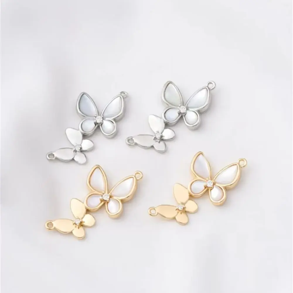 

Inlaid with Natural White Butterfly Oyster 14K Gold-Color Double Butterfly Pendant Pearl Necklace DIY Jewelry Charms Accessorie