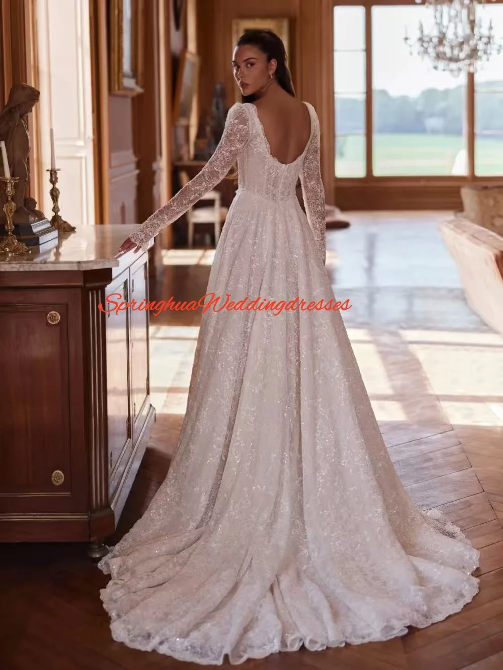Precioso vestido de novia de encaje con cuentas personalizado, vestido de novia modesto de manga larga, vestidos de ensueño con cuello en forma de corazón para novia
