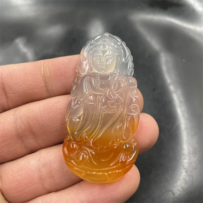 Cheap Jade Pretty Yellow Chalcedony Agate Big Avalokitesvara Pendant Half Yellow Agate Station Guanyin Flame Guanyin