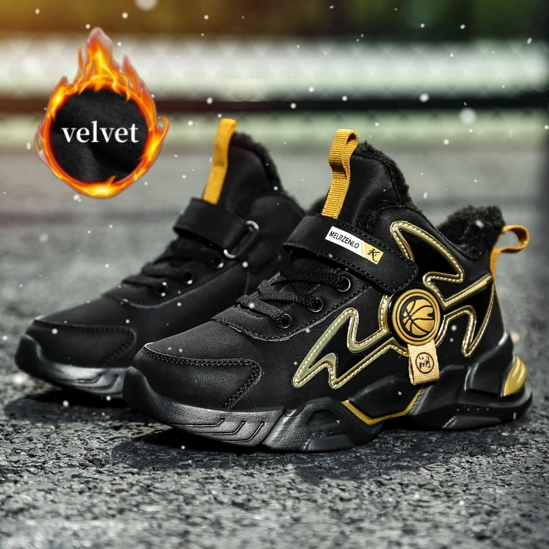 

Winter Plush Running Shoes Boys Outdoor Warm Comfy Leather Children's Sports Shoes Boys Non-slip High Top Sneakers Kids Trainers