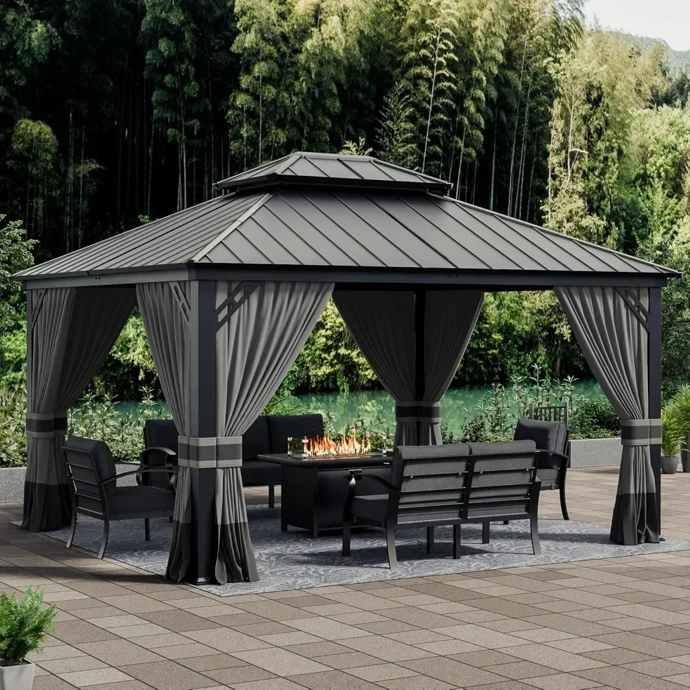 

12x14 Foot Hardtop Pavilion with Double Layered Roof, Outdoor Pavilion with 2-layer Hardtop Galvanized Iron Frame Garden Tent