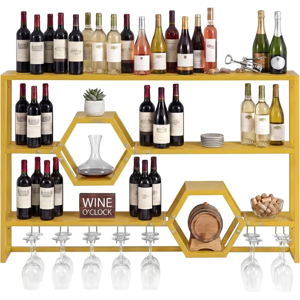 Gold 3-Tier Metal Wine Rack with 7 Glass Holders - Floating Shelf for Wine Storage and Display in Kitchen, Dining, or Home Bar