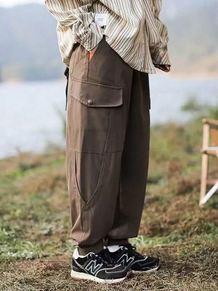 

Japanese Style Outdoor Pure Color Large Pocket Cotton Work Trousers Spring Autumn Loose Casual Wide Leg Pants