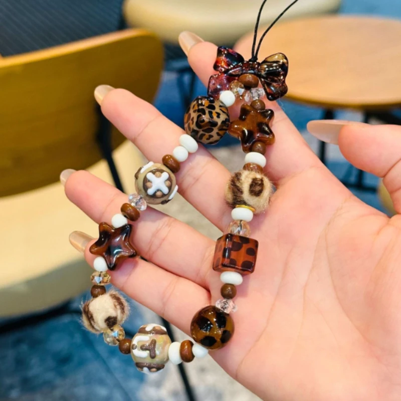 Leopard Print Star Beaded Phone Charm Handmade Retro Brown Bow Bracelet Strap Aesthetic Wild Style Phone Chain For Women