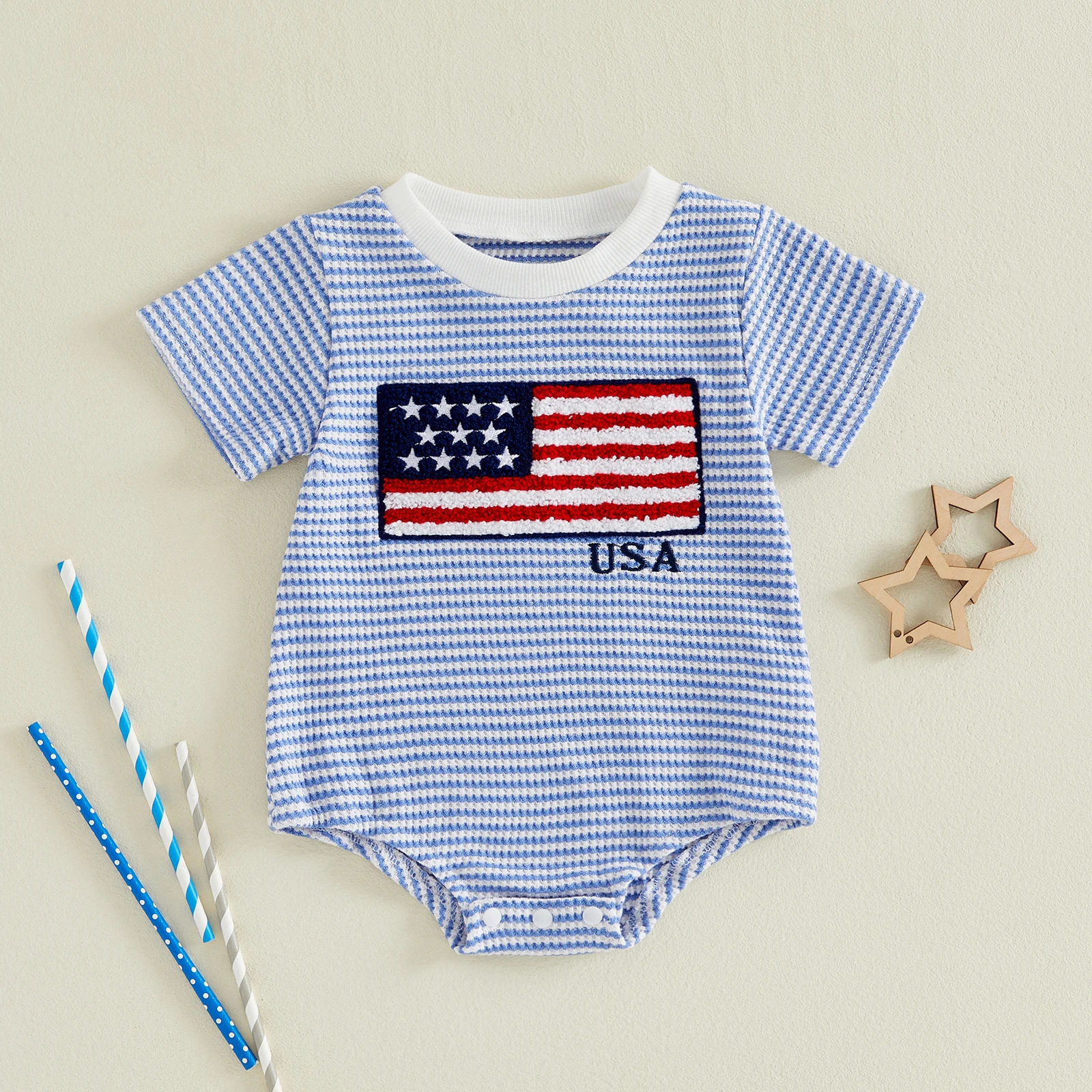 

Новый комплект для новорожденных мальчиков и девочек на 4 июля: комбинезон-боди с вышивкой американского флага, полосатый, вафельный, с коротким рукавом