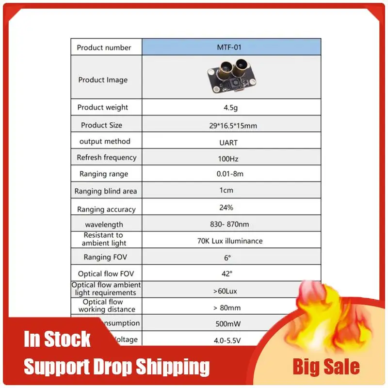 وحدة الاستشعار الضوئية MTF 01 PMW3901 مستشعر التدفق البصري الطائرات بدون طيار لتحديد المواقع 8 متر تتراوح بالليزر متكاملة