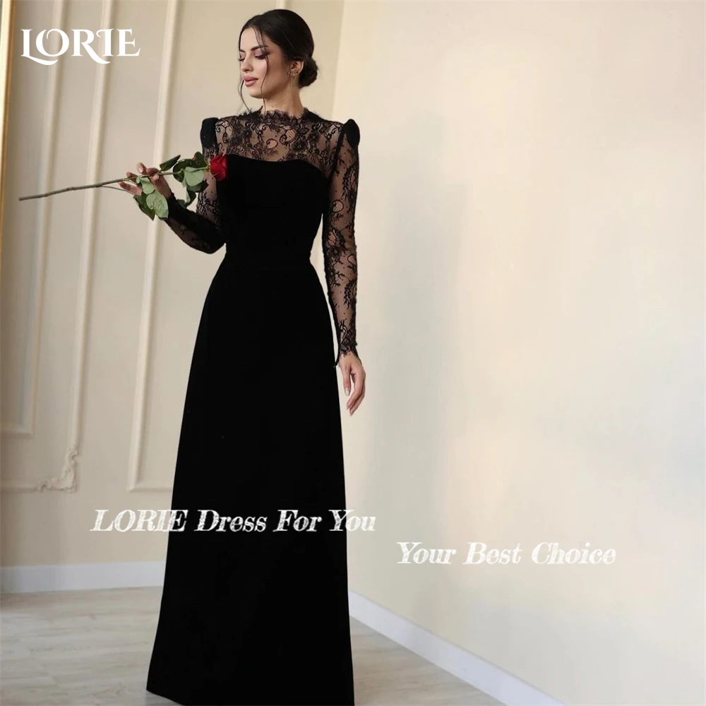 LORIE Elegant Black Lace Evening Dresses High Neck Cap Sleeves A-Line Solid Prom Dress Dubai Wedding Party Gowns Customized 2024