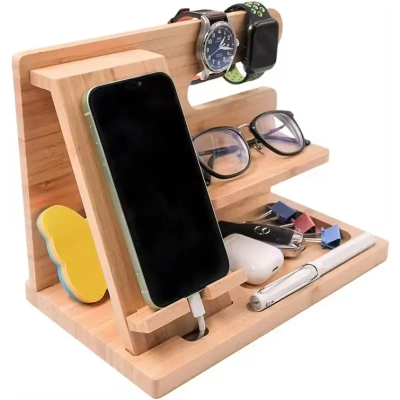 

Bamboo Desk Storage Organizer-Wooden Phone Docking Station and Nightstand for Men, Watch Key Holder,