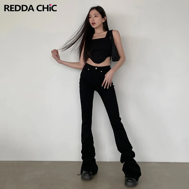 

ReddaChic Women Solid Black Ruched Flare Jeans High Rise Shirring Stretchy Denim Bell Bottoms Tall Girls Friendly Bootcut Pants