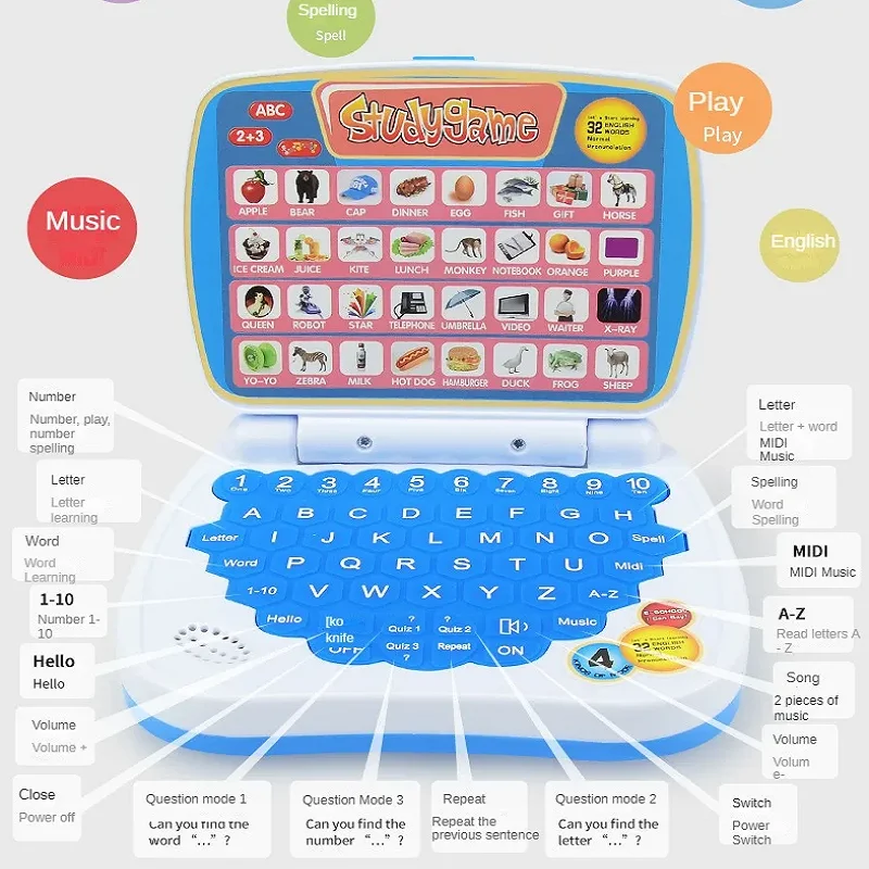 STEMキッズ学習キーボードおもちゃ、英語バイリンガル教育インタラクティブラップトップ、アクティビティ、アルファベット、数学、音楽、クイズゲーム付き