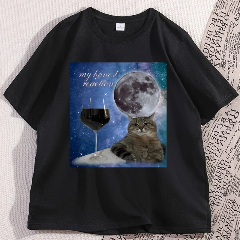 مضحك النبيذ القط ميمي سخيفة تي شيرت المرأة الطباعة تي شيرت السببية قصيرة الأكمام فضفاضة الأساسية المحملة الجولة الرقبة بلايز الصيف الشارع الشهير #3