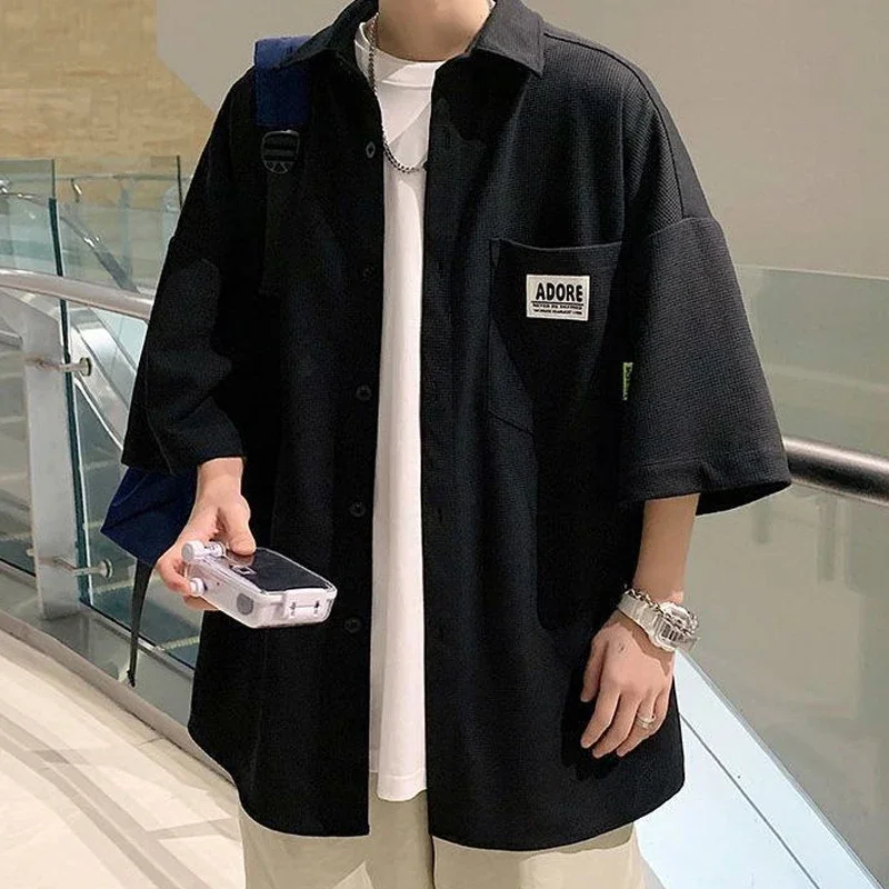 ZUOQ Short Sleeve Shirts Men New Chic Walf Checks Fabric Casual Basics Loose Daily Turn-down Collar Shirt Jacket Half Sleeve
