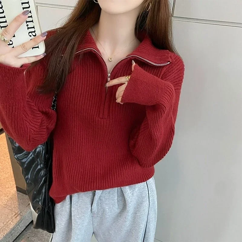 Otoño Invierno nuevo diseño de solapa Base Top mujer perezoso suéter de punto suelto