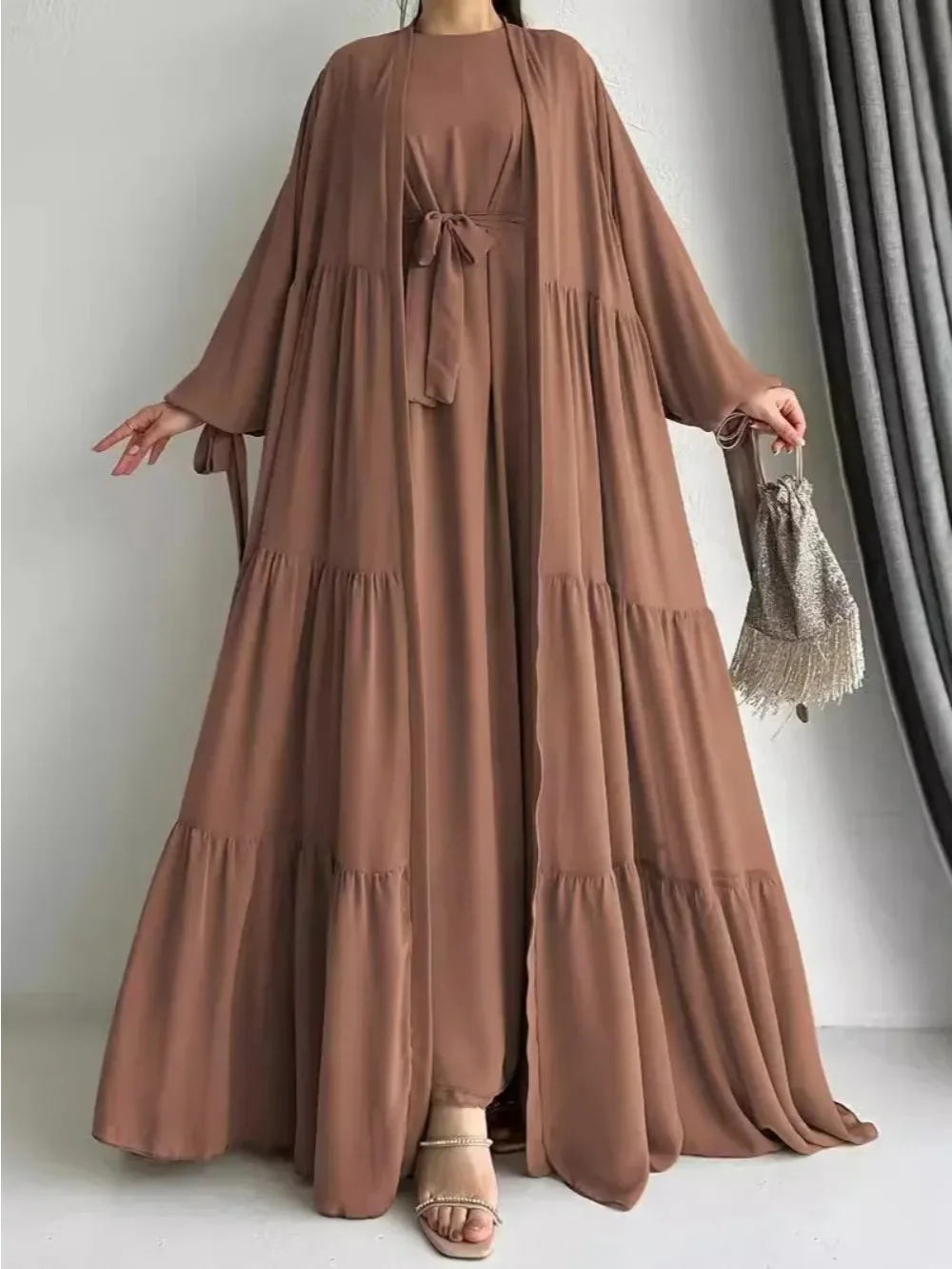 Modest Women Dresses Suit Long Coat Robe Muslim 2 Piece Set Vestidos Sashes Dubai Saudi Morocco Abayas Eid Ramadan Jalabiya