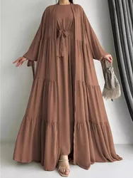 Modest Women Dresses Suit Long Coat Robe Muslim 2 Piece Set Vestidos Sashes Dubai Saudi Morocco Abayas Eid Ramadan Jalabiya