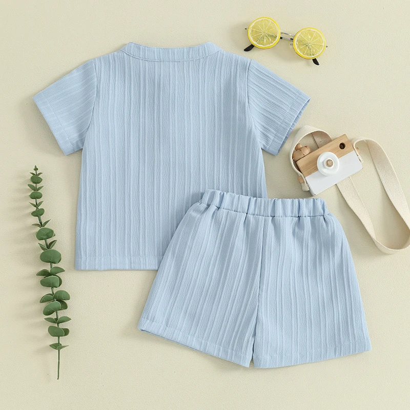 Toddler Boy Summer Shorts Outfit Solid Color Short Sleeve Pocket T-Shirt with Elastic Waist Shorts 2 Pcs Set