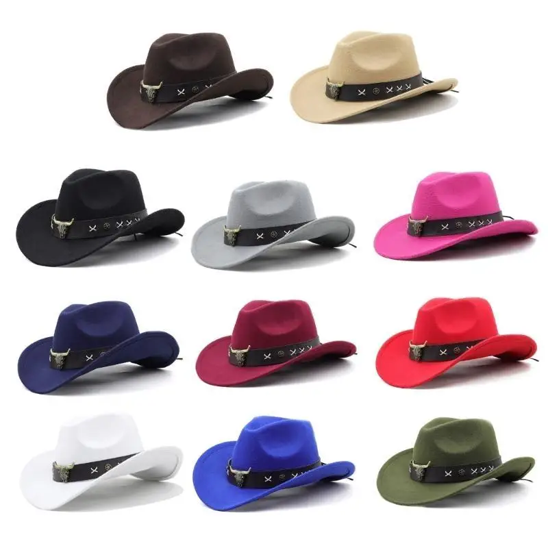 

652F Womens Vintage Wide Brim Hat Cowgirl Hat Leathers Band Fedora Hat Party Prop