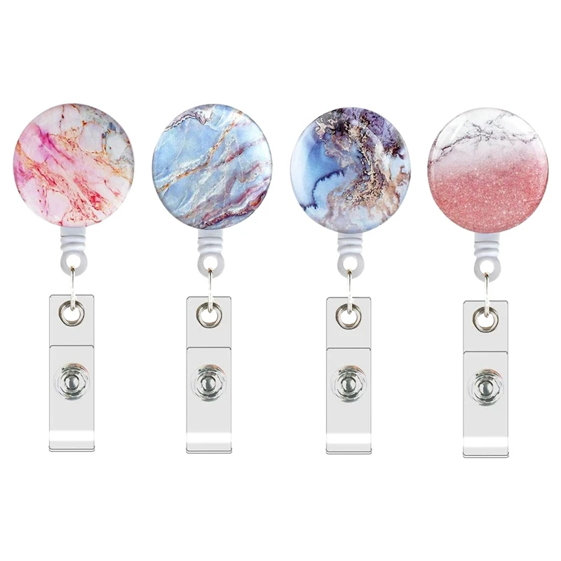 4Pcs Marble Badge Alligator Clip Retractable Reel Id Name Card Holder For Nurse  Office Worker Student Badge Reels