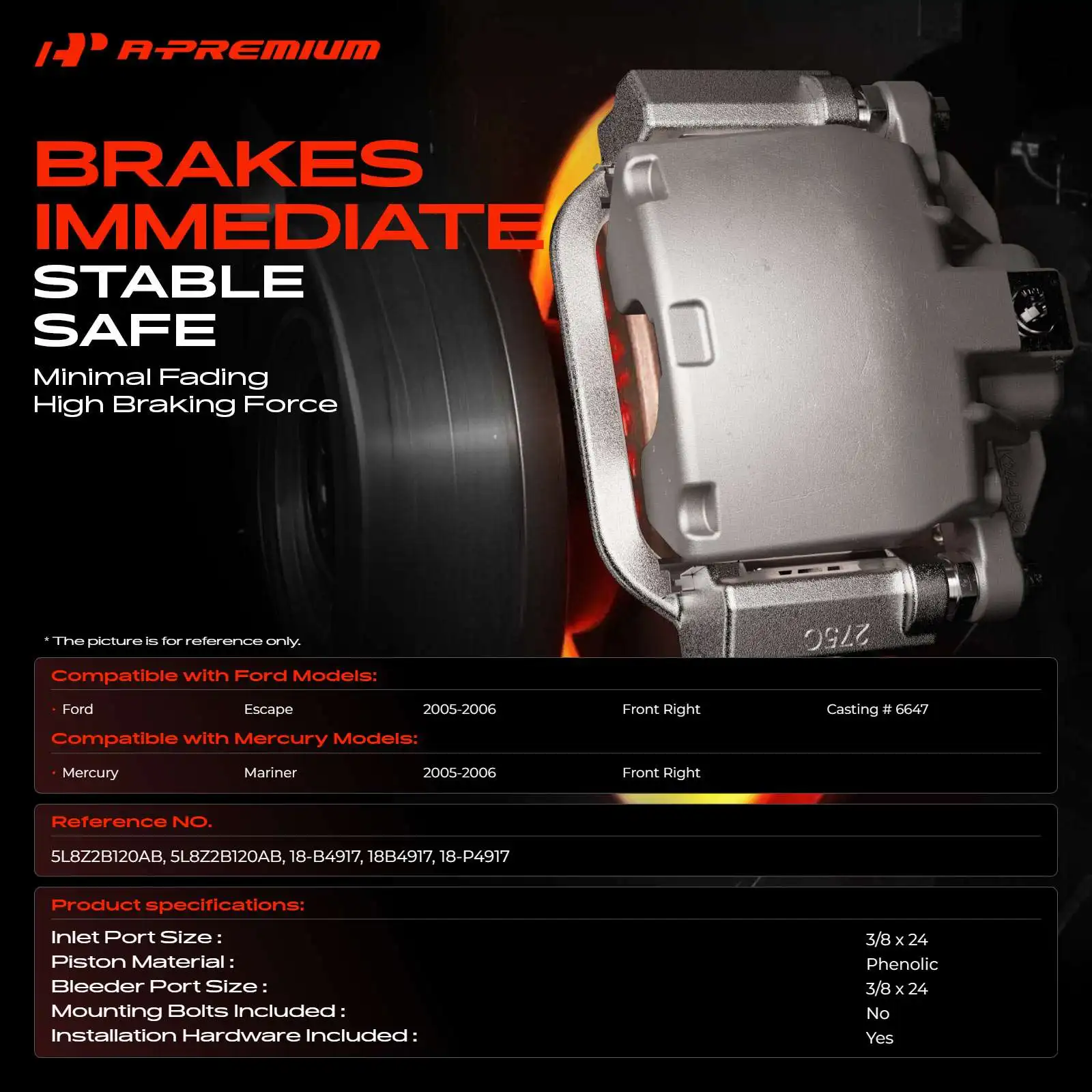 A-Premium Front Right Brake Caliper with Bracket for Ford Escape 2005-2006 Mercury Mariner 2005-2006
