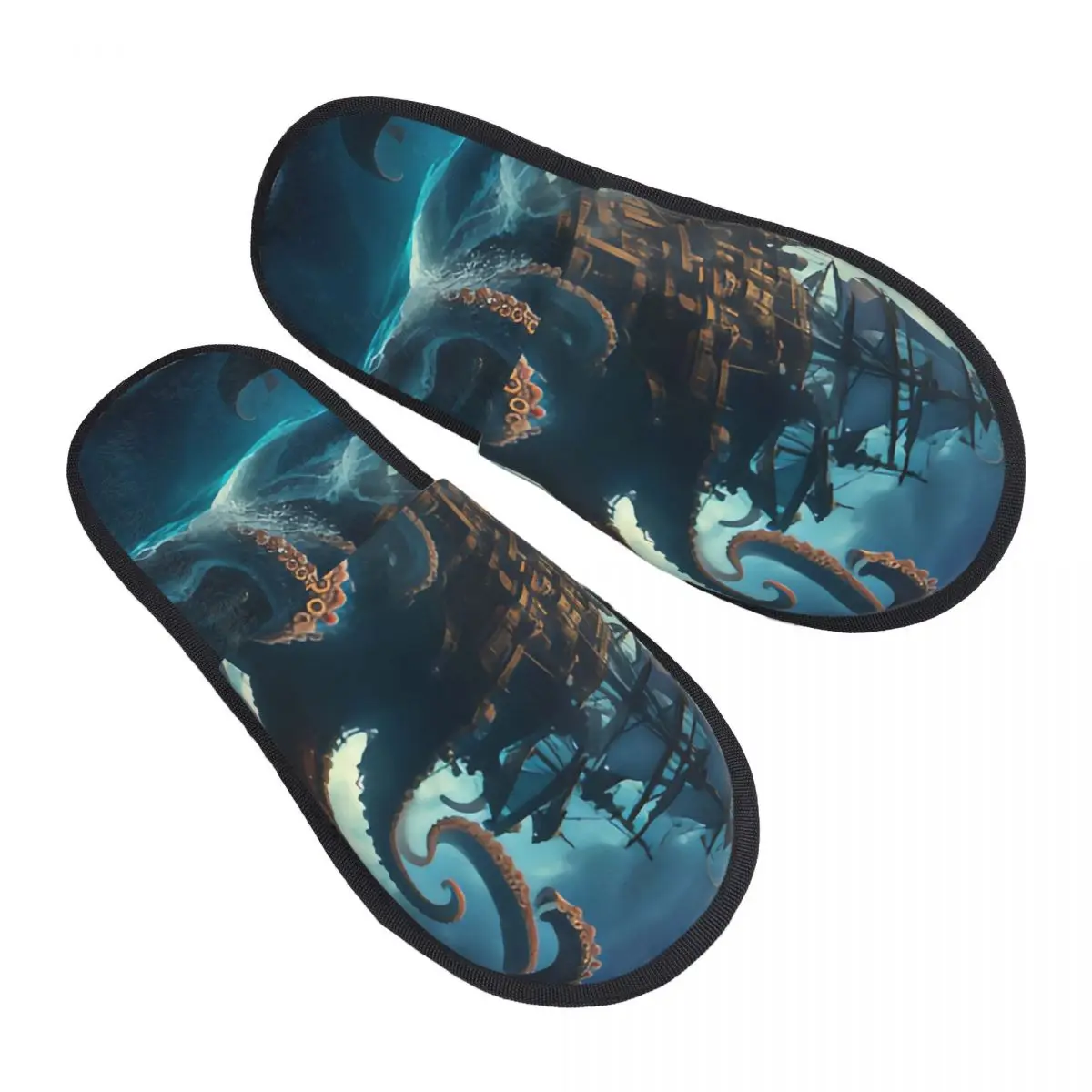 

Winter Women Men Non-Slip Flat Slippers Pirate Ship And Octopus Indoor Fur Soft Warm Shoes